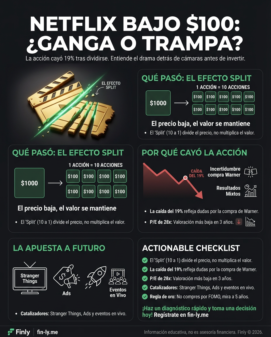 Netflix bajó de precio tras dividir sus acciones, recordándonos que lo que parece barato puede ser una trampa si no hay un plan. Es como cuando bajan los planes de suscripción pero terminas pagando más por extras. ¿Sabes distinguir una verdadera oportunidad de un gasto emocional? 📉💰
