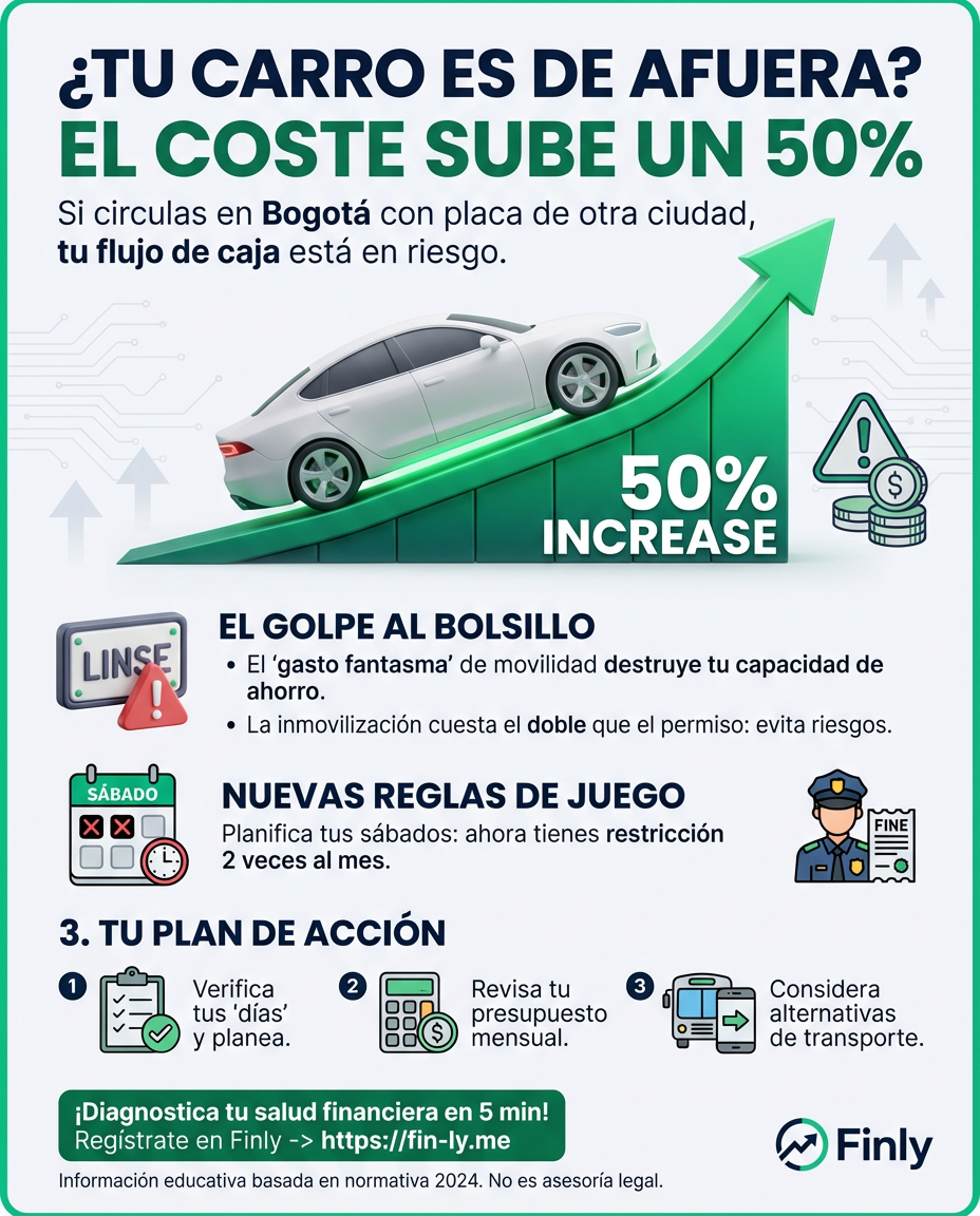 Moverte en Bogotá será un 50% más caro si tu carro no es de la ciudad. Es el costo de no planear tus gastos fijos: un impuesto a la movilidad que golpea directo a tu flujo de caja mensual. ¿Estás pagando por comodidad o simplemente por falta de estrategia financiera? 🇨🇴💰