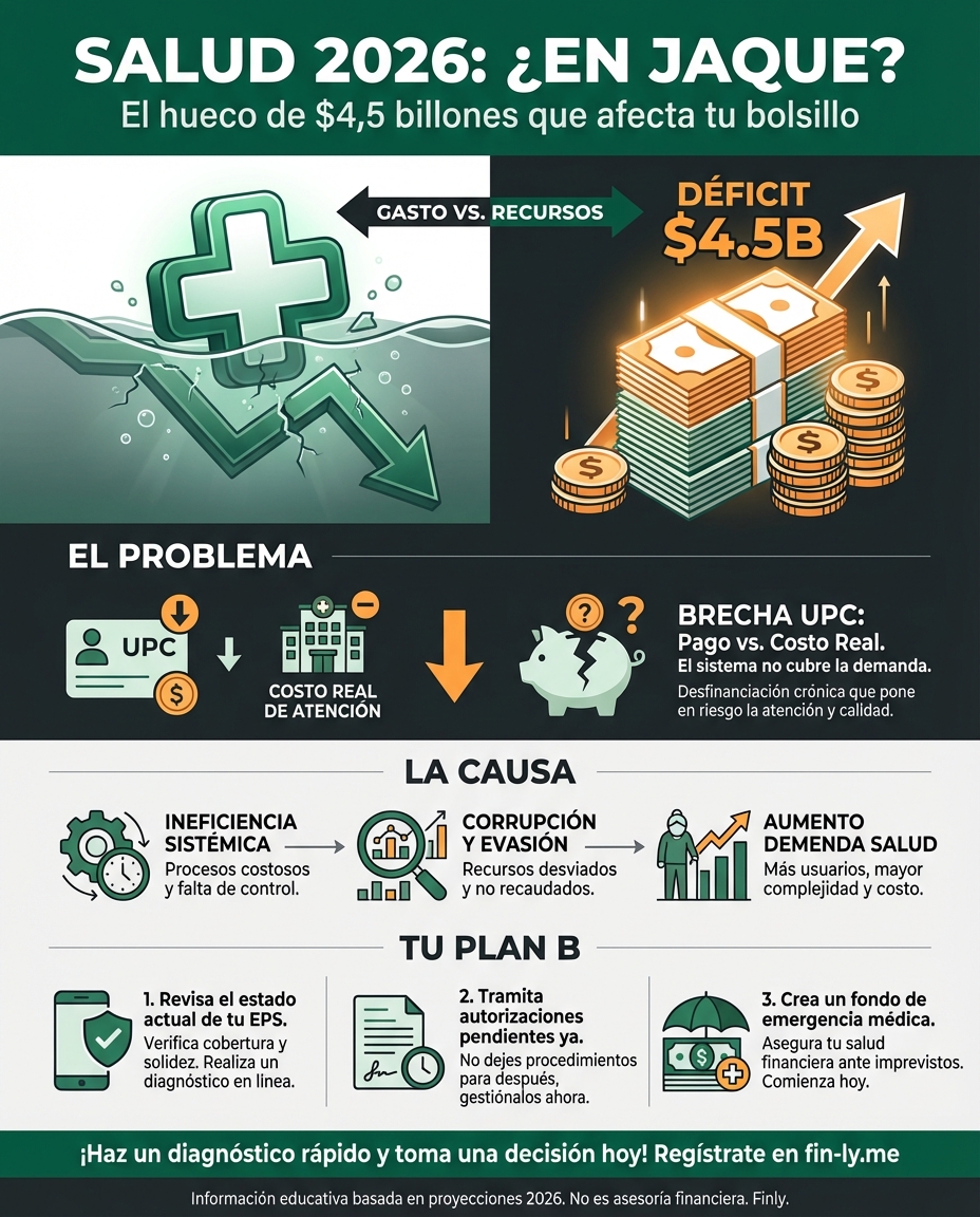 Tu salud en 2026 arranca con un hueco financiero de $4,5 billones que pone en riesgo tus citas y medicinas. Es como si te subieran el sueldo, pero el mercado subiera el doble: el sistema no da abasto. ¿Tienes un plan B o fondo de emergencia para cuando tu EPS no pueda responder? 🏥🇨🇴