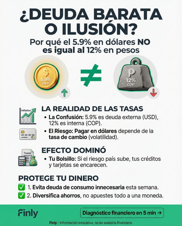 Confundir una tasa del 6% con una del 12% es como creer que tu cuota bajó cuando solo cambió la moneda. Si el país se endeuda mal, tu bolsillo paga el pato con más impuestos o inflación. ¿Sabes distinguir entre una deuda que te salva y una que te hunde? 🇨🇴💰