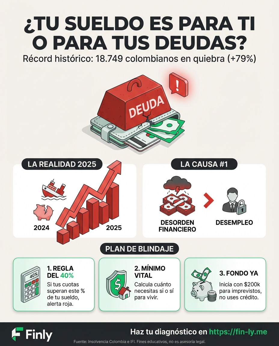 Casi 19.000 colombianos se declararon insolventes en 2025, un salto del 79% que refleja el costo de no planear. Si hoy sientes que tu salario desaparece pagando intereses, estás a un paso del 'desorden financiero' que causó este récord. ¿Sabes cómo blindar tu bolsillo antes de perder el control? 📉💰