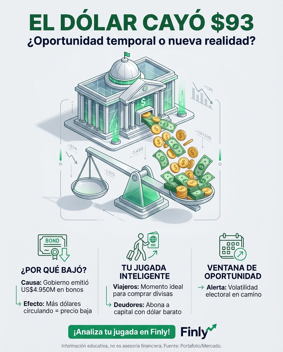 El dólar cayó $93 por una movida del Gobierno para pagar sus deudas, similar a cuando pides un préstamo grande para tapar huecos. Si eres freelancer o ahorrador, esta baja es tu oportunidad para comprar barato antes de que las elecciones agiten el mercado. ¿Vas a aprovechar el respiro o esperarás a que suba de nuevo? 📉💰