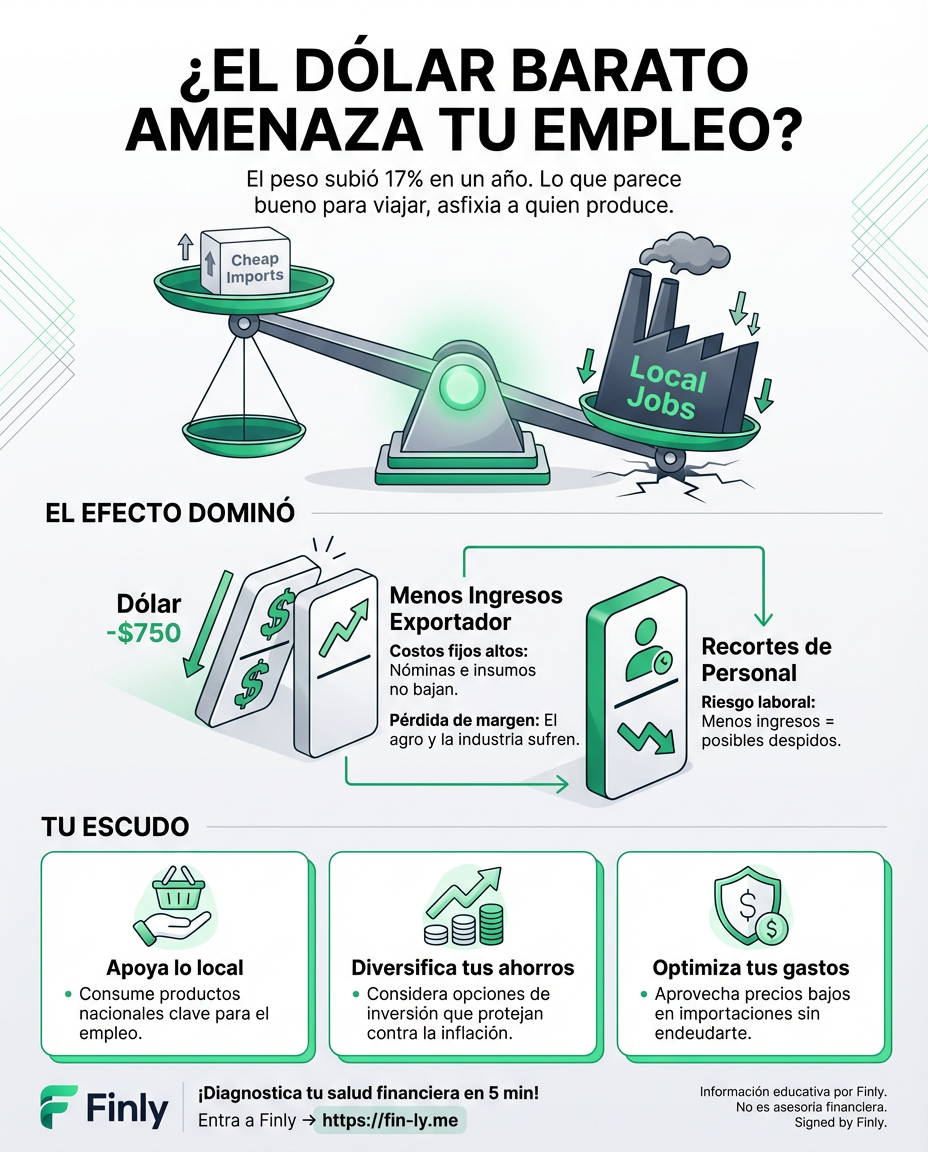 El peso colombiano se ha fortalecido un 17% y, aunque el dólar barato parece una buena noticia, está asfixiando a quienes generan empleo. Es como recibir un aumento pero que tus gastos básicos suban el doble: la ilusión de riqueza oculta un riesgo real para tu estabilidad laboral. 🇨🇴📉