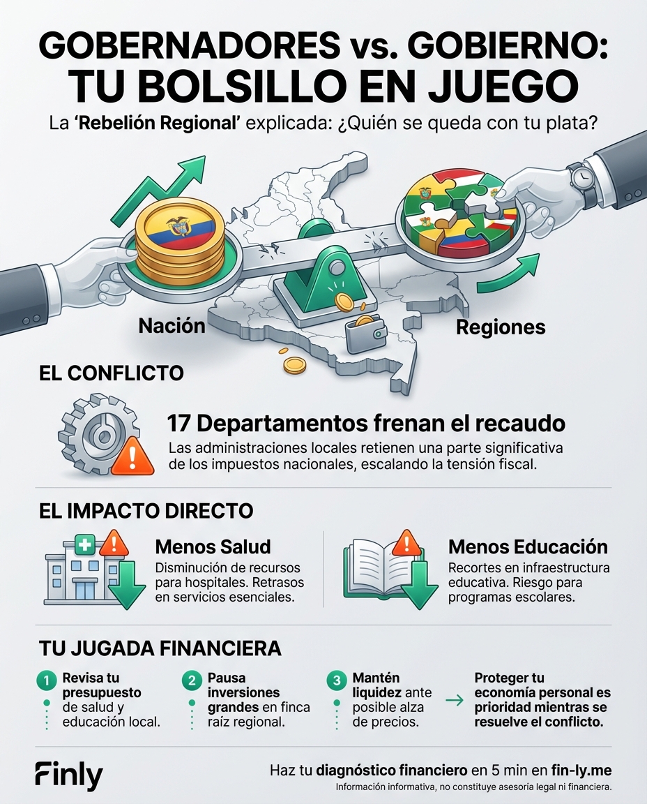 Gobernadores se rebelan contra nuevos impuestos que golpearían tu bolsillo regional. Es como cuando tu jefe te quita un bono para pagar deudas de la empresa: menos plata para salud y deporte en tu ciudad. ¿Está tu presupuesto listo para aguantar si los servicios públicos encarecen? 🇨🇴💰