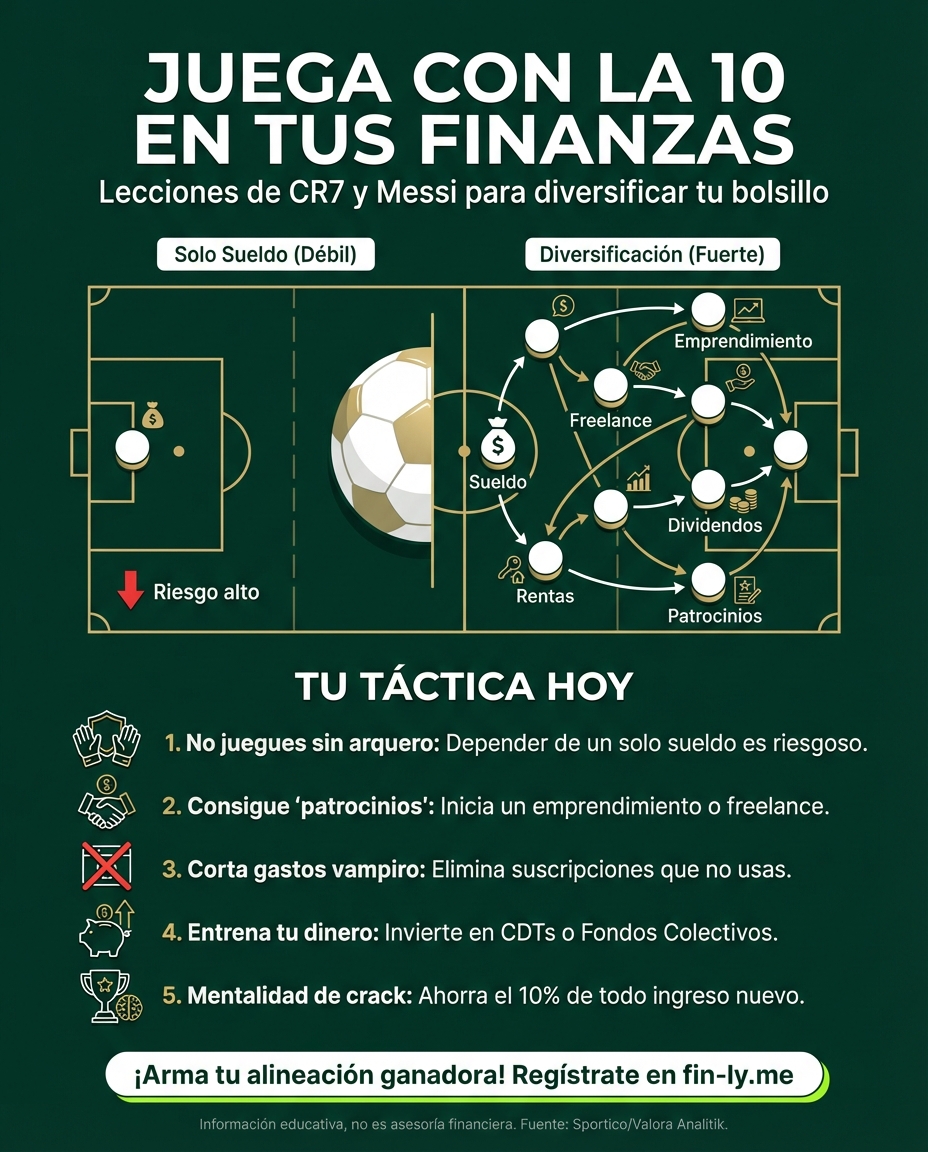 Mientras las estrellas del fútbol ganan millones diversificando sus ingresos entre sueldo y marcas, muchos colombianos dependen de una sola fuente que no alcanza. ¿Te pasa que tu presupuesto se queda corto frente a tus metas? Aprende a gestionar tus 'patrocinios' personales para que el dinero no se te escape. 💰🇨🇴