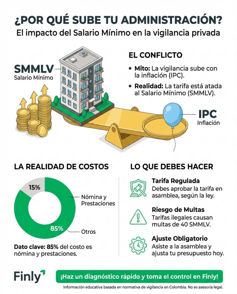 Si vives en conjunto, prepárate: el costo de vigilancia sube con el salario mínimo y no con la inflación. Para el Adulto Presión, esto significa cuotas de administración más altas que no se pueden negociar. ¿Está tu presupuesto listo para este gasto fijo obligatorio? 🇨🇴💰