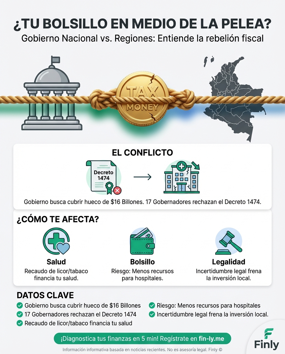 Gobernadores se rebelan contra nuevos impuestos al licor y tabaco para proteger la salud regional. Es como cuando te cambian las reglas del arriendo a mitad de mes: la incertidumbre golpea tu bolsillo. ¿Sabes cómo proteger tu presupuesto ante choques legales que no puedes controlar? 🇨🇴💰