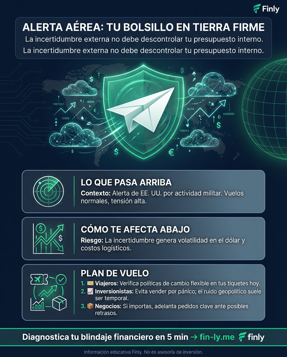 EE. UU. activó alertas por actividad militar en nuestro cielo, recordándonos que lo externo siempre impacta tu plan del día. Aunque los vuelos siguen normales, la incertidumbre es como un gasto hormiga: si no la vigilas, te descontrola el presupuesto. ¿Qué tan blindado está tu ahorro ante choques que no puedes controlar? 🇨🇴✈️