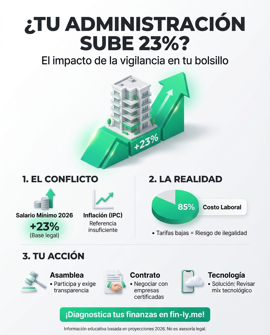 ¿Sientes que el aumento de tu sueldo se esfuma antes de recibirlo? El alza del 23% en el mínimo disparará el costo de la vigilancia en tu conjunto, apretando más tu presupuesto mensual. ¿Podrá tu administración negociar un respiro o tu cuota será la próxima en 'vigilar' tu bolsillo? 🇨🇴💰