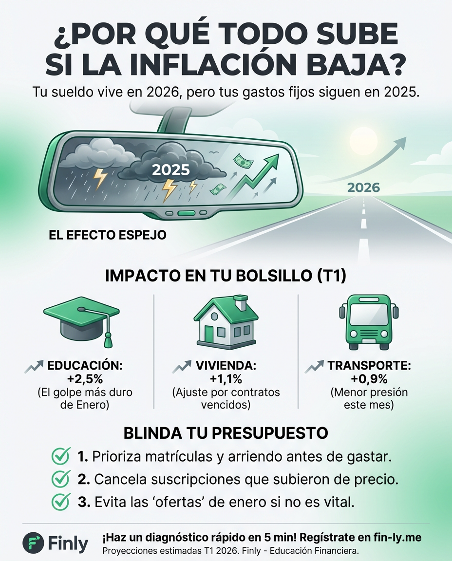 Sentirás que el sueldo no rinde porque educación y arriendos subirán más que el promedio por la 'indexación'. Es el efecto espejo: aunque la inflación baje, tus gastos fijos ya están amarrados a los precios altos de ayer. ¿Sabes cómo blindar tu presupuesto antes de que lleguen los recibos de enero? 🇨🇴💰