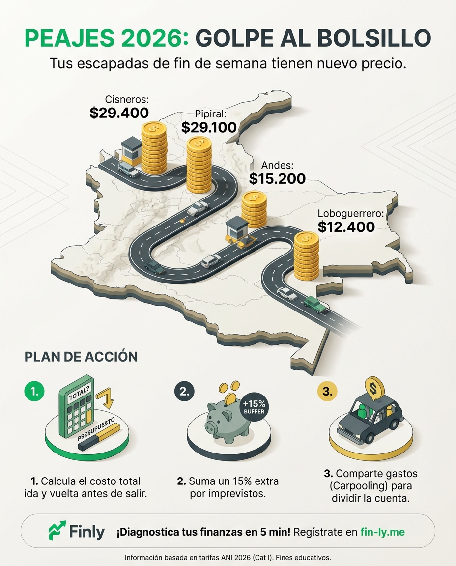 Viajar por Colombia será más caro en 2026 y tus escapadas de fin de semana ya tienen un nuevo precio. Es como ese gasto hormiga que no ves venir hasta que el presupuesto no cuadra al final del mes. ¿Estás planeando tus viajes o dejando que los peajes decidan cuánto puedes ahorrar? 🇨🇴💰