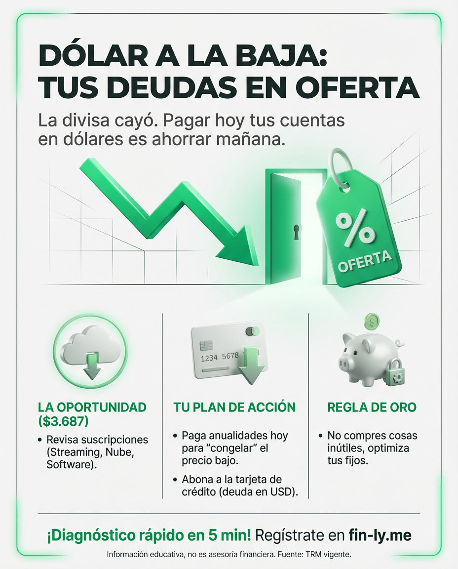 El dólar bajó y es como si tus cuentas en dólares estuvieran en promoción, pero solo si actúas rápido. Si tienes suscripciones, cursos o deudas digitales, pagarlas hoy es ahorrarte el aumento de mañana. ¿Vas a dejar pasar este 'descuento' antes de que la divisa vuelva a subir? 📉💰