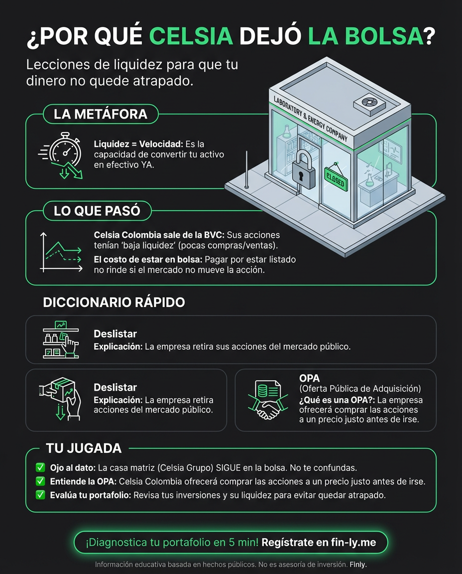 Celsia Colombia sale de la bolsa porque casi nadie compra sus acciones. Es como tener un negocio que no vende: aunque valga mucho, si no hay flujo, el costo de mantenerlo te quiebra. ¿Está tu ahorro atrapado en algo que hoy nadie quiere comprar? 📉💰
