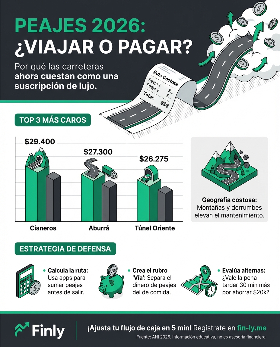 Los peajes suben y viajar por carretera ahora se siente como pagar una suscripción de lujo obligatoria. Para el Adulto Presión, este gasto fijo muerde el presupuesto familiar antes de llegar al destino. ¿Sabes cómo ajustar tu flujo de caja para que el próximo viaje no termine en un sobregiro? 🇨🇴💰