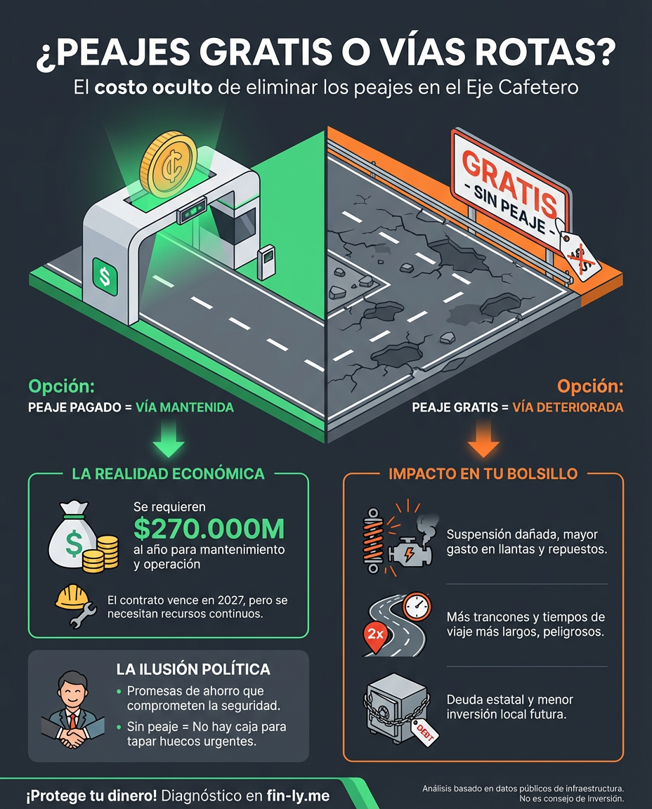 Prometer quitar peajes suena a alivio para tu bolsillo, pero si no hay quién pague el mantenimiento, la vía terminará costándote más en repuestos y tiempo. Es como dejar de pagar el seguro del carro para ahorrar: el riesgo sale más caro que la cuota. ¿Estamos priorizando el aplauso político sobre la seguridad de tus viajes? 🇨🇴💰