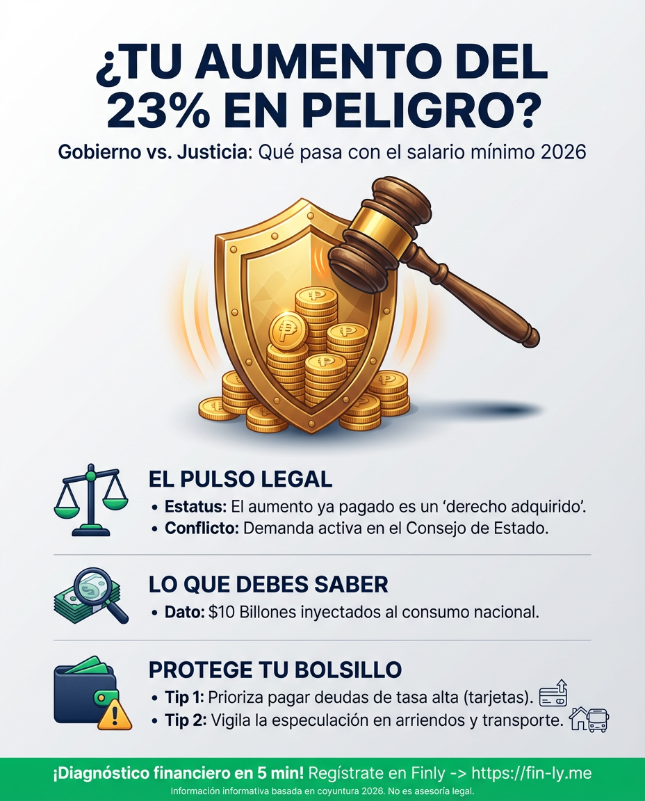 Imagina que te dan un aumento histórico y alguien intenta quitártelo en el juzgado. Así se siente el pulso por el mínimo del 23%, una 'conquista' que el Gobierno promete defender para que tu bolsillo no pierda fuerza. ¿Sabrás proteger tu flujo de caja si el panorama legal cambia? 🇨🇴💰