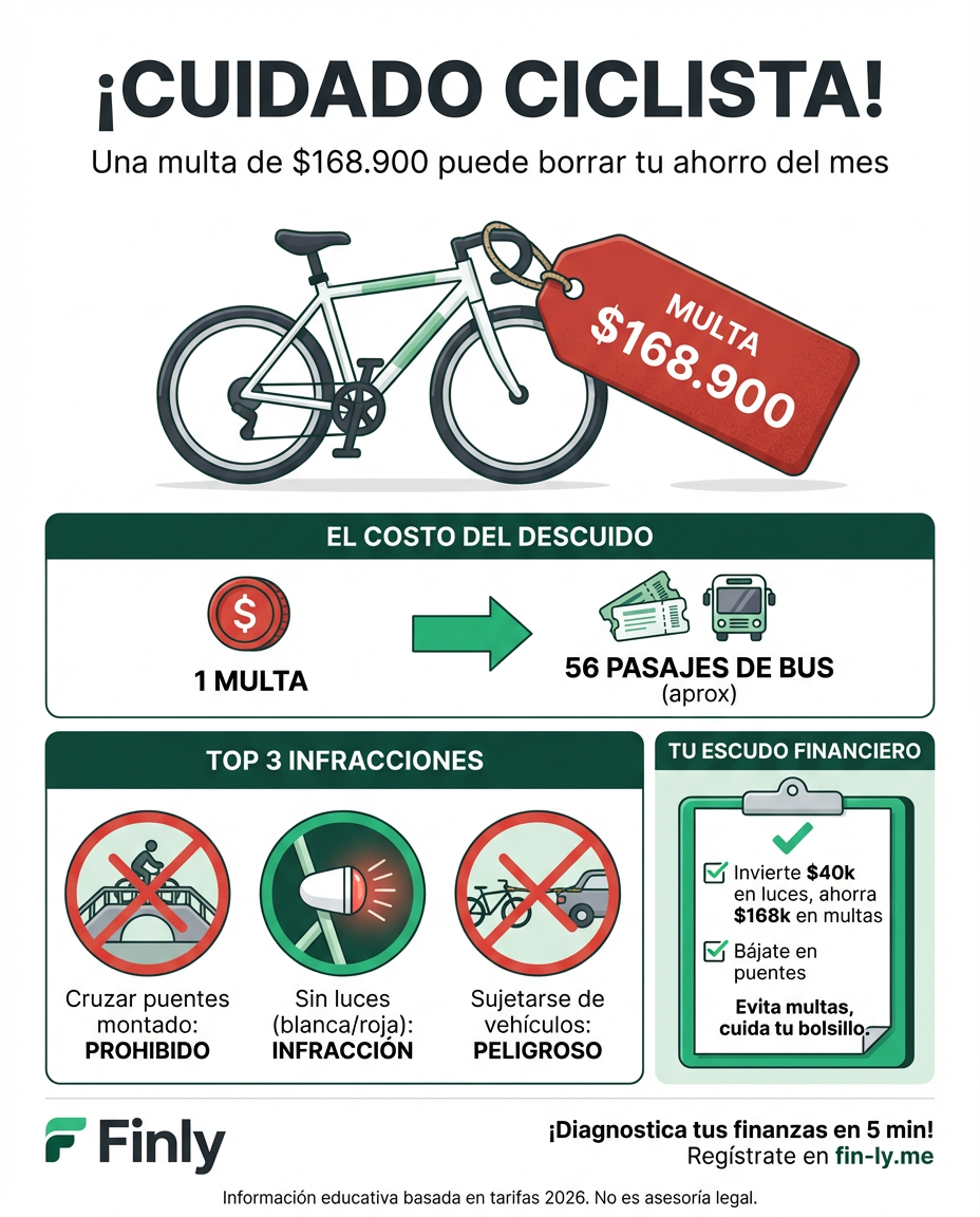 Moverte en bici para ahorrar puede salirte caro si ignoras las nuevas multas de $168.900 por cruzar puentes montado o no usar luces. Es como cuando intentas recortar gastos pero terminas pagando intereses por un descuido. ¿Está tu presupuesto listo para un gasto imprevisto de este tipo? 🚲💰