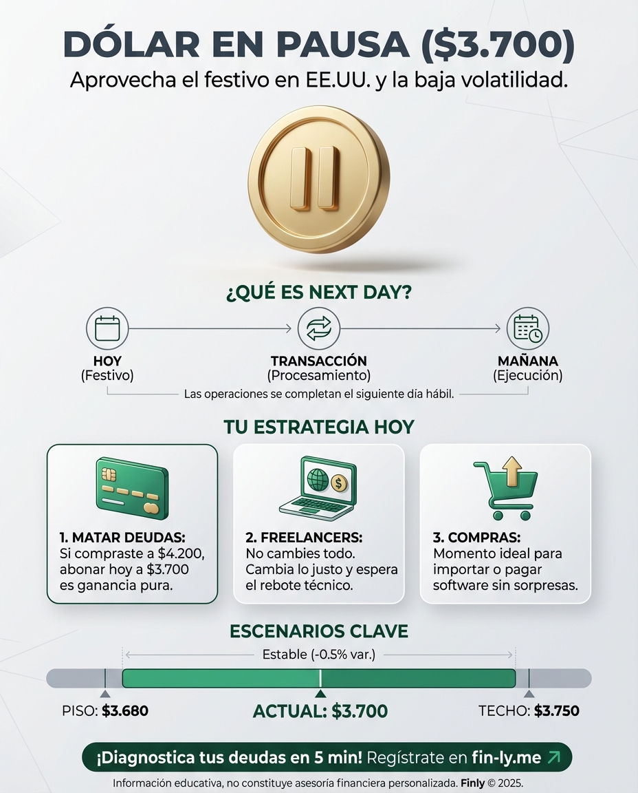 El dólar baja a $3.700, pero hoy el mercado está 'frenado' por festivo en EE. UU. Es como cuando recibes un descuento pero no tienes efectivo: una oportunidad que exige paciencia. ¿Sabes cómo aprovechar esta calma para blindar tus deudas antes de que la volatilidad regrese? 🇨🇴💰