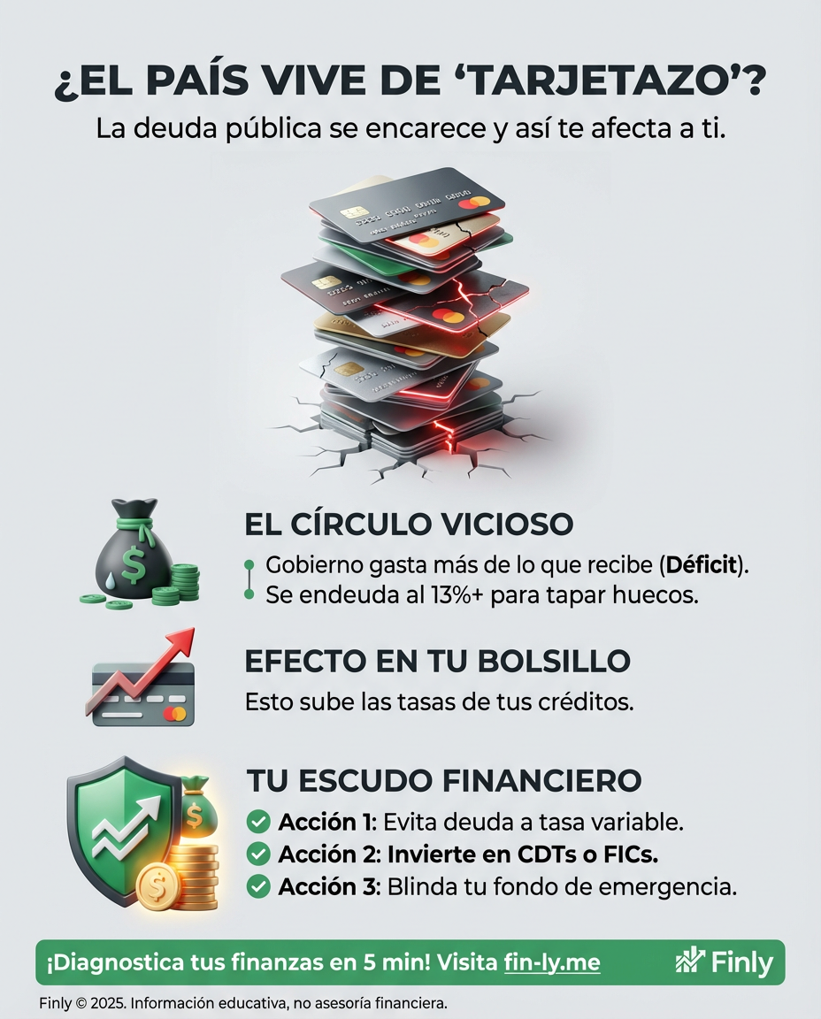Colombia se está endeudando más caro para tapar huecos, tal como cuando usas una tarjeta para pagar otra. Al Adulto Presión esto le suena familiar: si el país gasta lo que no tiene, el ajuste llegará tarde o temprano a tu bolsillo. ¿Sabes cómo proteger tu ahorro antes de que la 'bomba' fiscal estalle? 🇨🇴📉