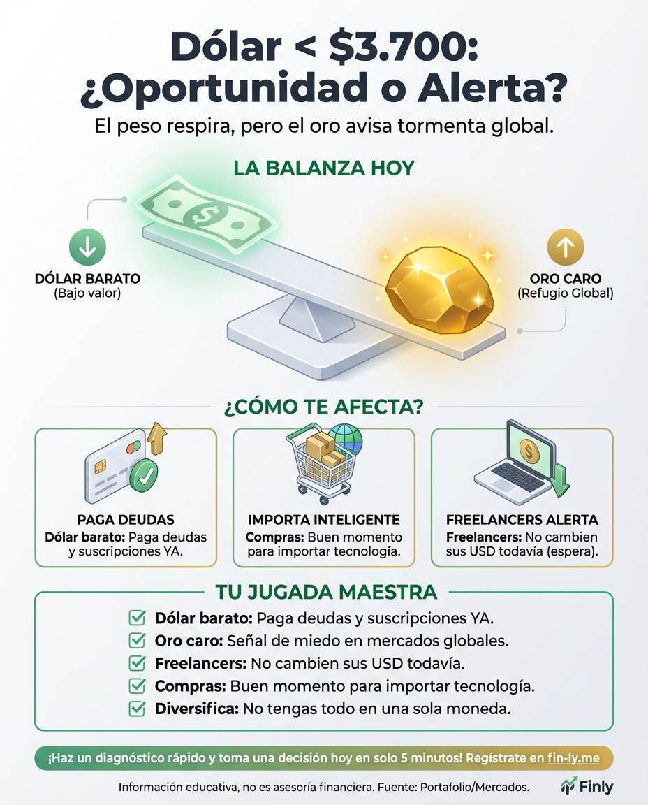 El dólar baja de los $3.700, pero el miedo global dispara el precio del oro. Es como cuando bajan los intereses de tu deuda, pero el costo de vida sube por otro lado y no sientes el alivio. ¿Estás aprovechando esta caída para sanear tus cuentas o solo ves pasar la oportunidad? 📉💰