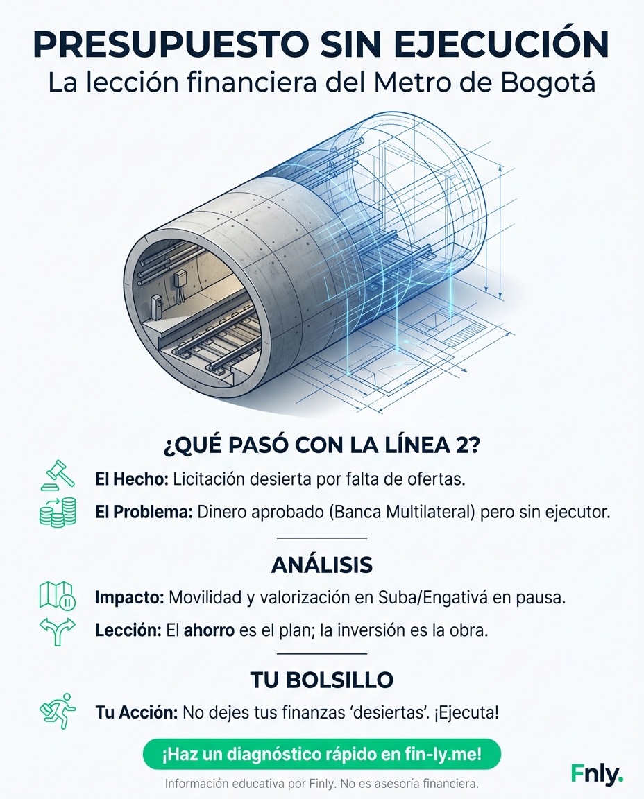 La Línea 2 del Metro se retrasa por falta de ofertas, recordándonos que tener el presupuesto listo no sirve de nada si no hay quien ejecute el plan. Es lo que te pasa cuando tienes el ahorro pero no la disciplina para invertirlo. ¿Seguirás esperando el momento perfecto o tomarás las riendas hoy? 🇨🇴💰