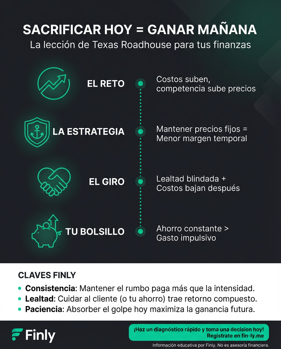 Texas Roadhouse sacrifica sus márgenes para no subir precios, una lección de lealtad que hoy le da frutos. Es como cuando priorizas tu ahorro sobre un gasto impulsivo: duele al inicio, pero te salva después. ¿Estás dispuesto a sacrificar hoy para ganar mañana? 🥩💰