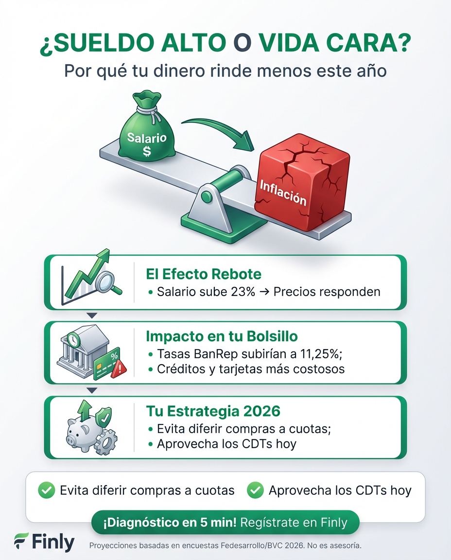 Sentir que el sueldo no alcanza tras el alza del mínimo no es tu imaginación: analistas prevén que la inflación y los intereses de tus deudas subirán con fuerza en 2026. Es el efecto rebote que golpea tu bolsillo cuando los precios suben más rápido que tus ingresos. ¿Estás listo para proteger tu ahorro? 🇨🇴💰