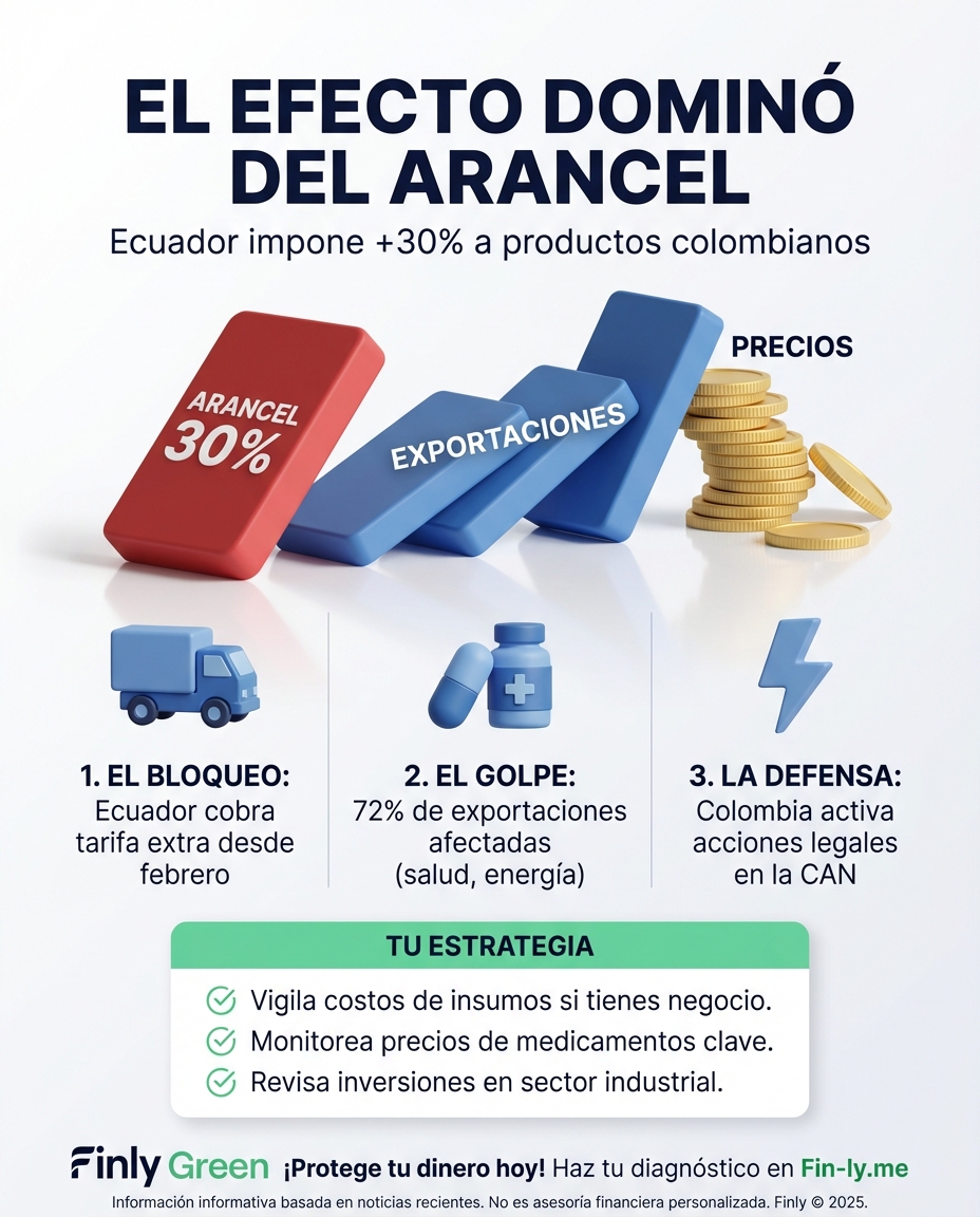 Ecuador cobrará un 30% más por productos colombianos, encareciendo desde medicinas hasta energía. Es como cuando un gasto inesperado te quita el margen de ahorro justo cuando ibas a invertir. ¿Estás preparado para que el costo de vida suba por conflictos ajenos a tu bolsillo? 🇨🇴📉