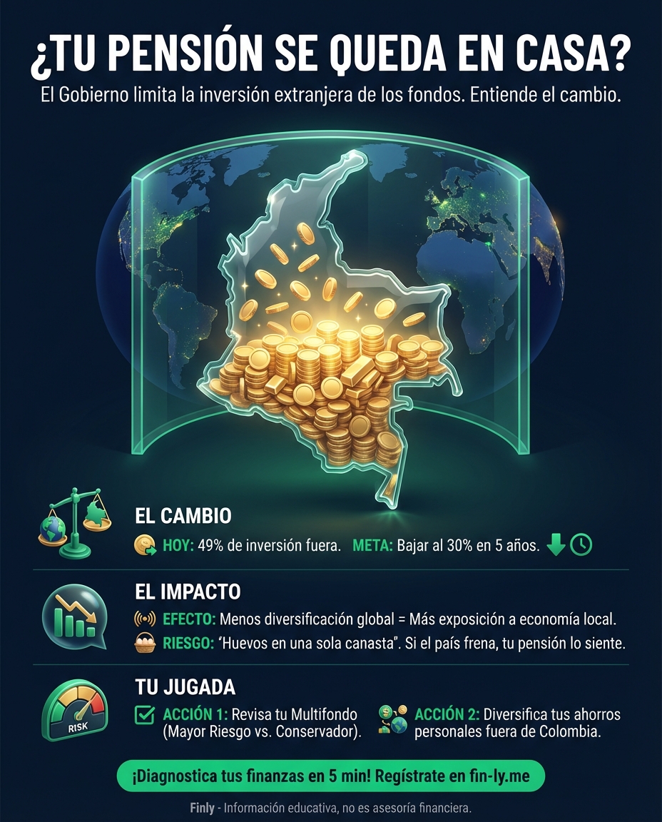 El Gobierno ordenó que tus ahorros para la vejez se queden en Colombia, limitando la inversión extranjera de los fondos. Esto es como si te obligaran a guardar todo tu dinero en un solo barrio: si al barrio le va mal, a ti también. ¿Sabes cómo proteger tu futuro si las reglas de tu pensión cambian? 🇨🇴💰