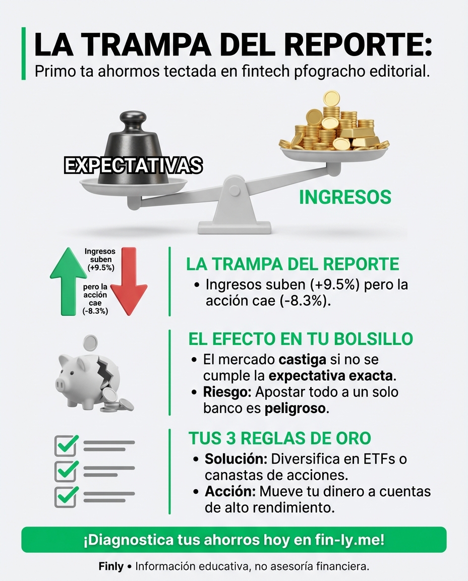 Los bancos están reportando ganancias, pero las acciones de algunos caen por no cumplir las expectativas exactas. Es lo que te pasa cuando recibes tu prima pero ya la debes toda: el número se ve bien, pero el bolsillo no lo siente. ¿Sabes si tus ahorros están en el lugar que más te castiga? 💰📉
