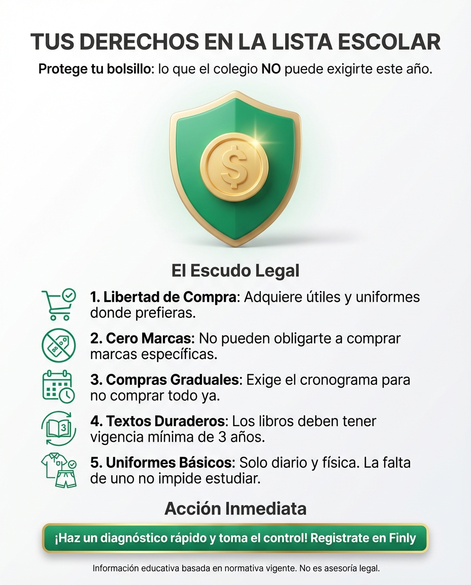 ¿Sientes que la lista escolar es un asalto a tu bolsillo? Tienes derecho a comprar donde quieras y a no pagar por lujos innecesarios. No permitas que el colegio te imponga marcas o proveedores; protege tu flujo de caja exigiendo el cronograma de uso para no comprar todo de una vez. 🇨🇴💰