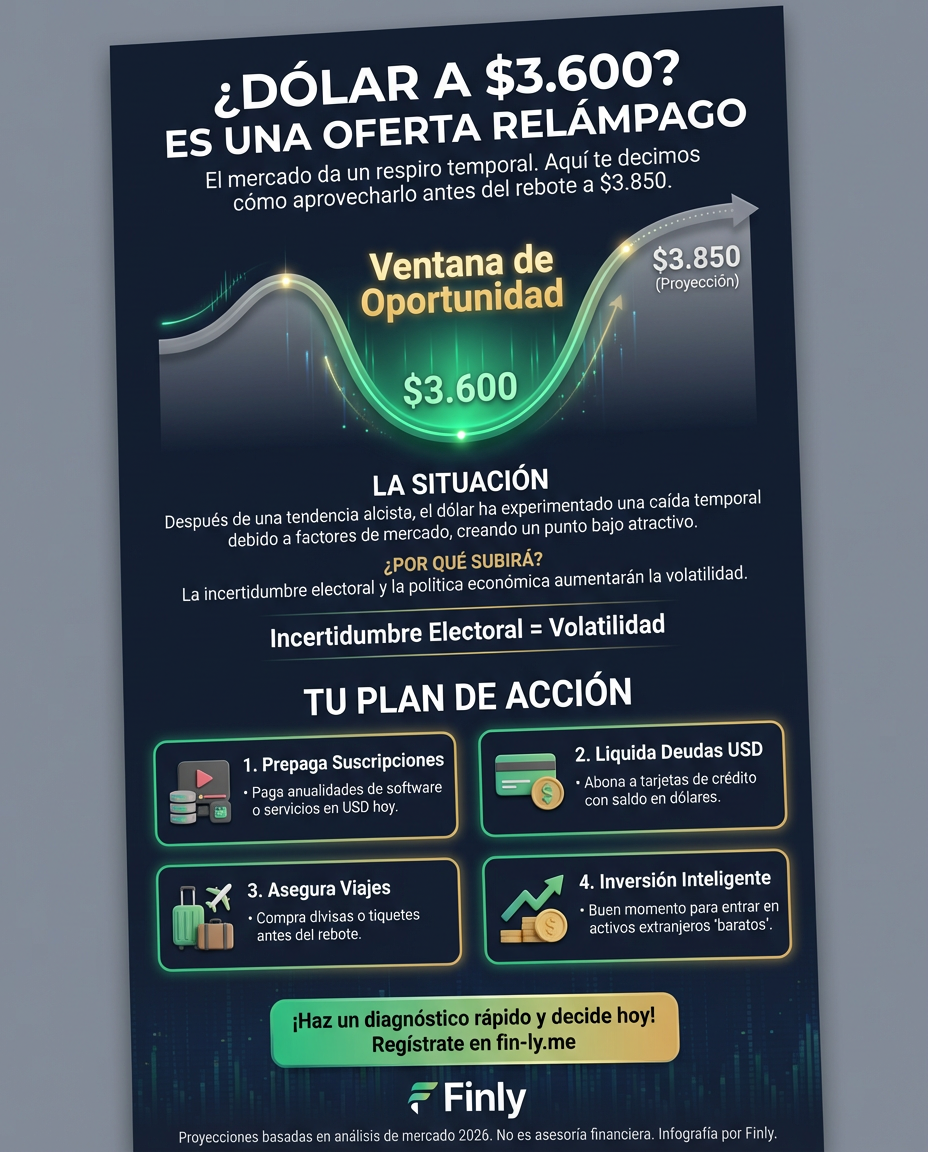 El dólar bajó a $3.600, pero los expertos advierten que pronto volverá a subir. Es como esa oferta relámpago que no durará: si tienes deudas o planes de viaje, el momento de actuar es ahora antes del rebote. ¿Vas a aprovechar la rebaja o esperarás a que el mercado decida por ti? 📉💰