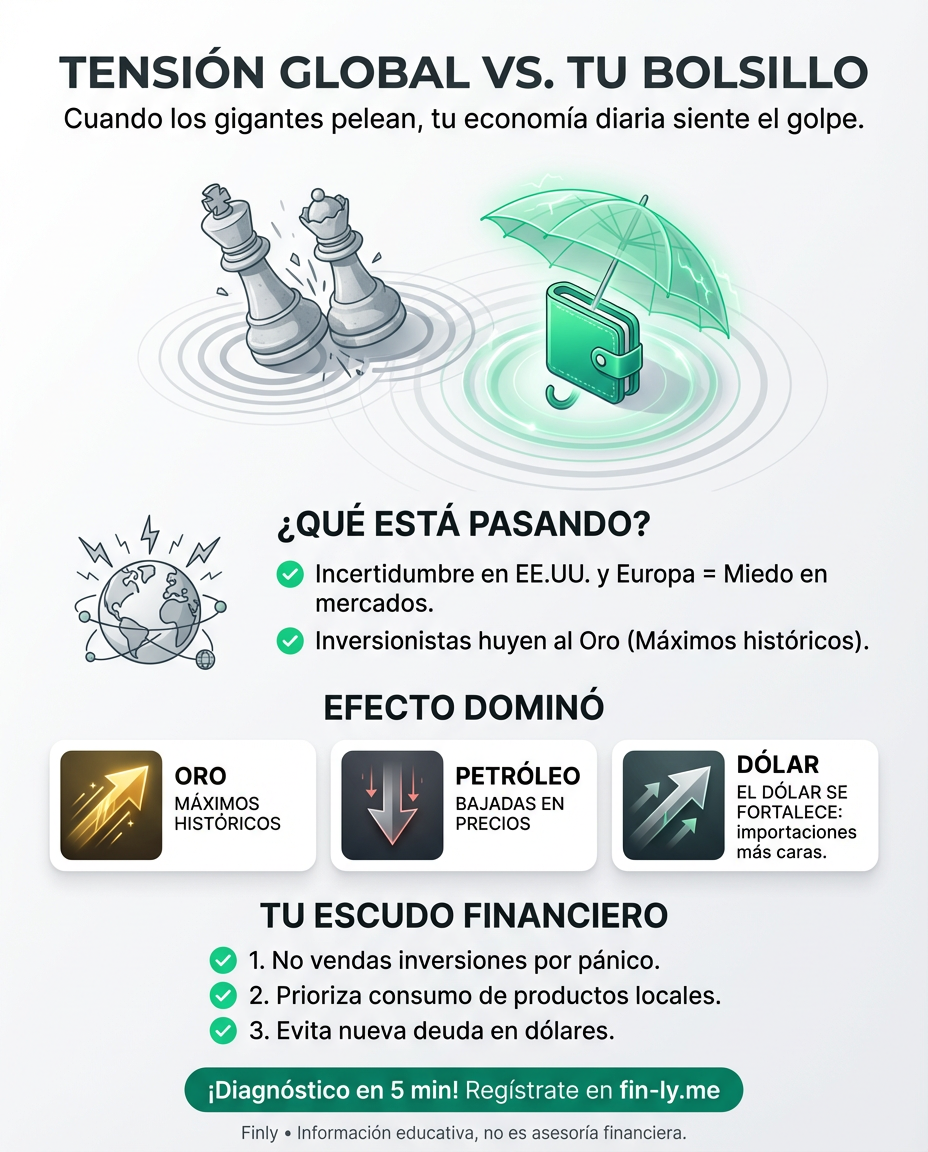 Cuando los gigantes pelean por aranceles o territorios, tu bolsillo siente el golpe en el precio del dólar y la gasolina. Es como si el arriendo te subiera porque el dueño del edificio tiene un pleito legal ajeno. ¿Estás preparado para proteger tus ahorros de la volatilidad mundial? 📉🇨🇴
