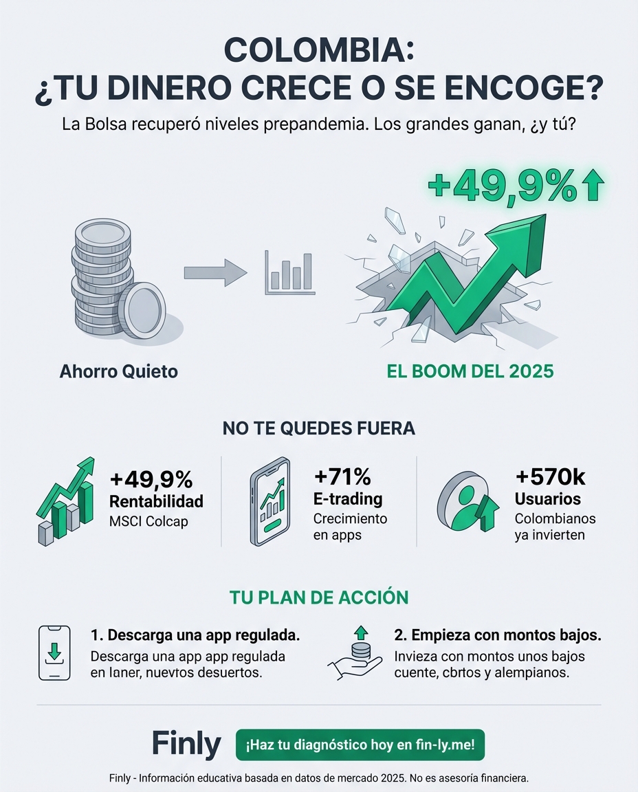 La Bolsa de Colombia vive su mejor momento en años, pero mientras los grandes ganan, muchos colombianos siguen viendo los toros desde la barrera por falta de capital. Es como cuando el comercio sube ventas y tú apenas cubres el arriendo. ¿Vas a seguir dejando que la inflación te gane o aprenderás a poner tu ahorro a producir? 📈💰