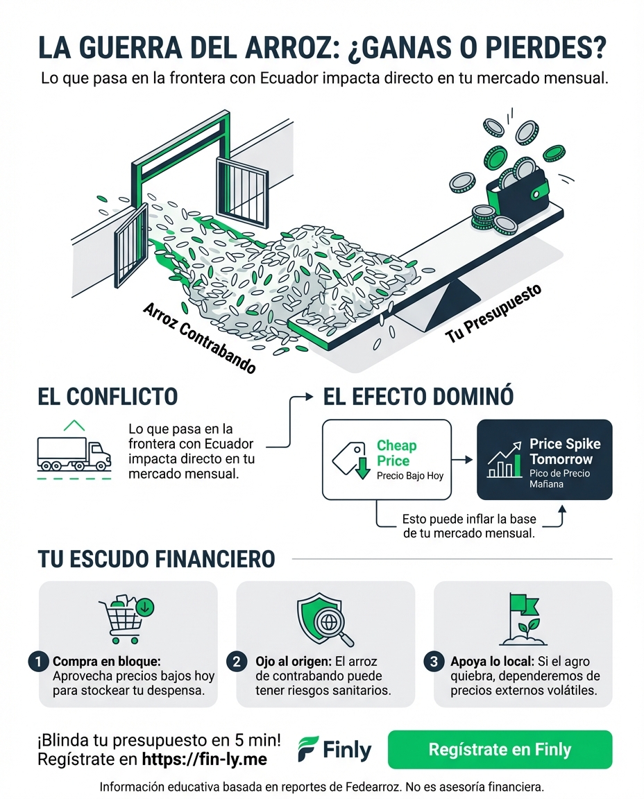 El arroz barato de Ecuador golpea a nuestros productores, recordándonos que lo externo siempre afecta tu bolsillo. Así como ellos sufren por la competencia desleal, tú pierdes cuando no proteges tus ingresos de gastos imprevistos. ¿Está tu presupuesto blindado contra golpes que no puedes controlar? 🇨🇴💰