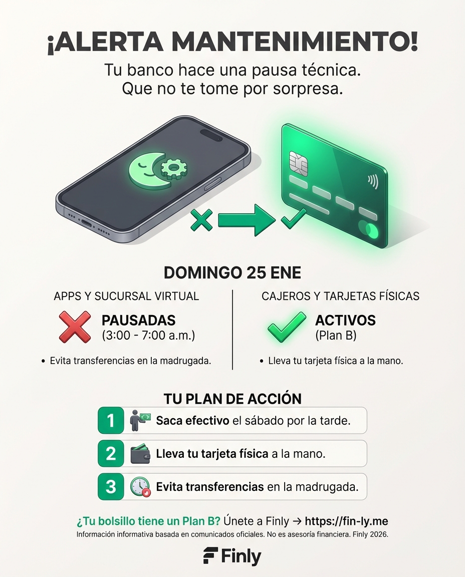 Imagina que necesitas pagar una urgencia este domingo y tu banco te deja bloqueado. Así como Bancolombia hará mantenimiento de 3:00 a 7:00 a.m., tu presupuesto también necesita pausas preventivas para no colapsar. ¿Tienes un plan B de efectivo o tarjeta física para cuando lo digital falle? 🇨🇴💰