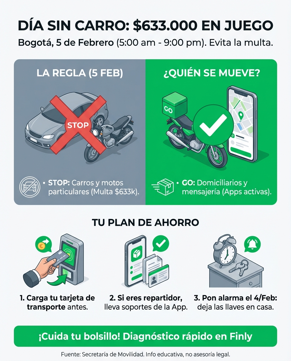 El próximo 5 de febrero Bogotá se detiene, pero tu bolsillo no tiene por qué hacerlo si sabes moverte. Mientras los particulares guardan el carro, las motos de domicilios y mensajería seguirán rodando para salvar el día. ¿Estás listo para evitar una multa de $633.000 que descuadre tu mes? 🇨🇴💰