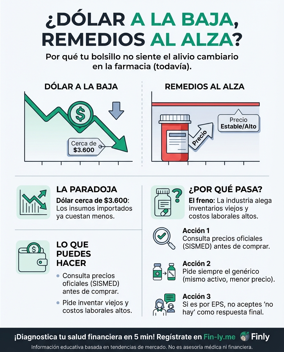 El dólar baja pero tus medicinas siguen caras, algo parecido a cuando bajan las tasas pero tu banco no te avisa. Si todo lo importado hoy cuesta menos pesos, ¿por qué no se siente en tu bolsillo al ir a la farmacia? ¿Sabes cómo vigilar los precios para que no te especulen? 📉💊