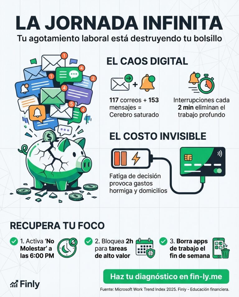Tu jornada ya no termina al salir de la oficina; ahora el trabajo invade tus domingos y madrugadas. Para el Freelancer o el Asalariado, esto significa gastar energía mental que debería usarse en planear sus finanzas. ¿Estás trabajando para vivir o regalando tu tiempo y tu paz financiera? 🇨🇴💰