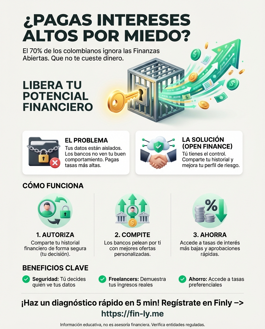 Imagina que tus datos bancarios trabajen para bajarte la tasa de interés, pero no lo aprovechas por miedo. Esto le pasa al 70% de los colombianos que ignoran las finanzas abiertas por desconfianza. ¿Vas a dejar que el desconocimiento te siga costando dinero cada mes? 🇨🇴💰