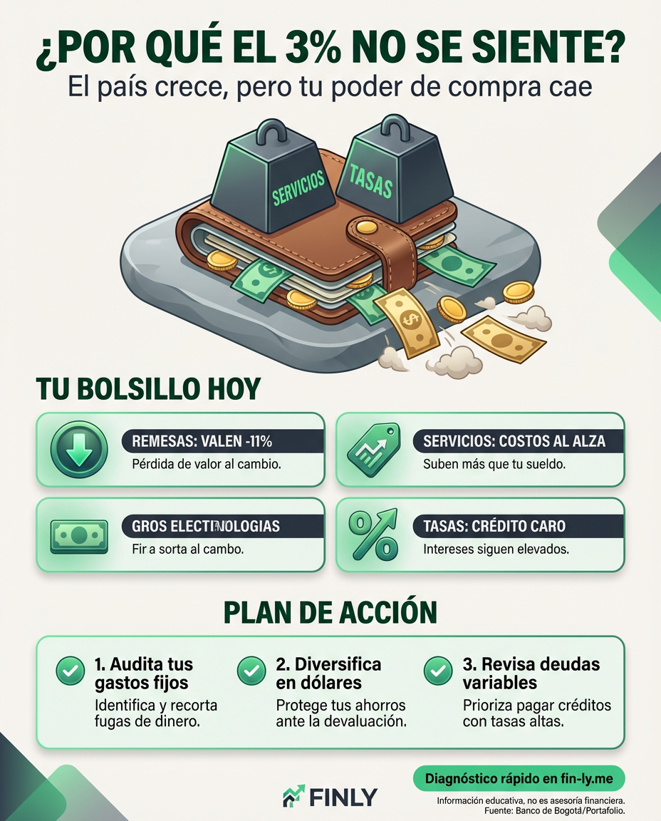 Aunque el país crezca, tu poder de compra real está cayendo por la baja del dólar y las tasas altas. Es como si te dieran un bono en el trabajo, pero los servicios y las deudas subieran el doble ese mismo mes. ¿Estás preparado para que tu bolsillo aguante un 2026 de crecimiento lento? 🇨🇴💰