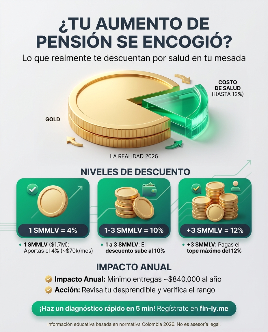 Recibir tu primera mesada del año con aumento se siente bien hasta que ves lo que te quitan en salud. Si sientes que el ajuste de ley no te alcanza, no es tu imaginación: es el peso de los aportes obligatorios. ¿Sabes exactamente cuánto te están reteniendo y cómo proteger tu bolsillo? 🇨🇴💰