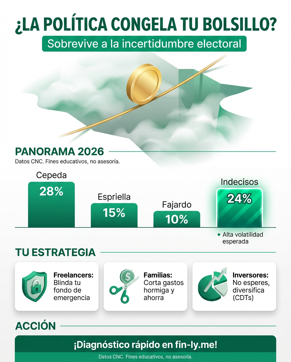 Las encuestas presidenciales muestran un país dividido con una cifra récord de indecisos. Es como cuando sabes que debes invertir tu prima pero no te decides por ninguna opción y terminas gastándola en nada. ¿Vas a dejar que la incertidumbre política paralice tus decisiones financieras este año? 🇨🇴💰