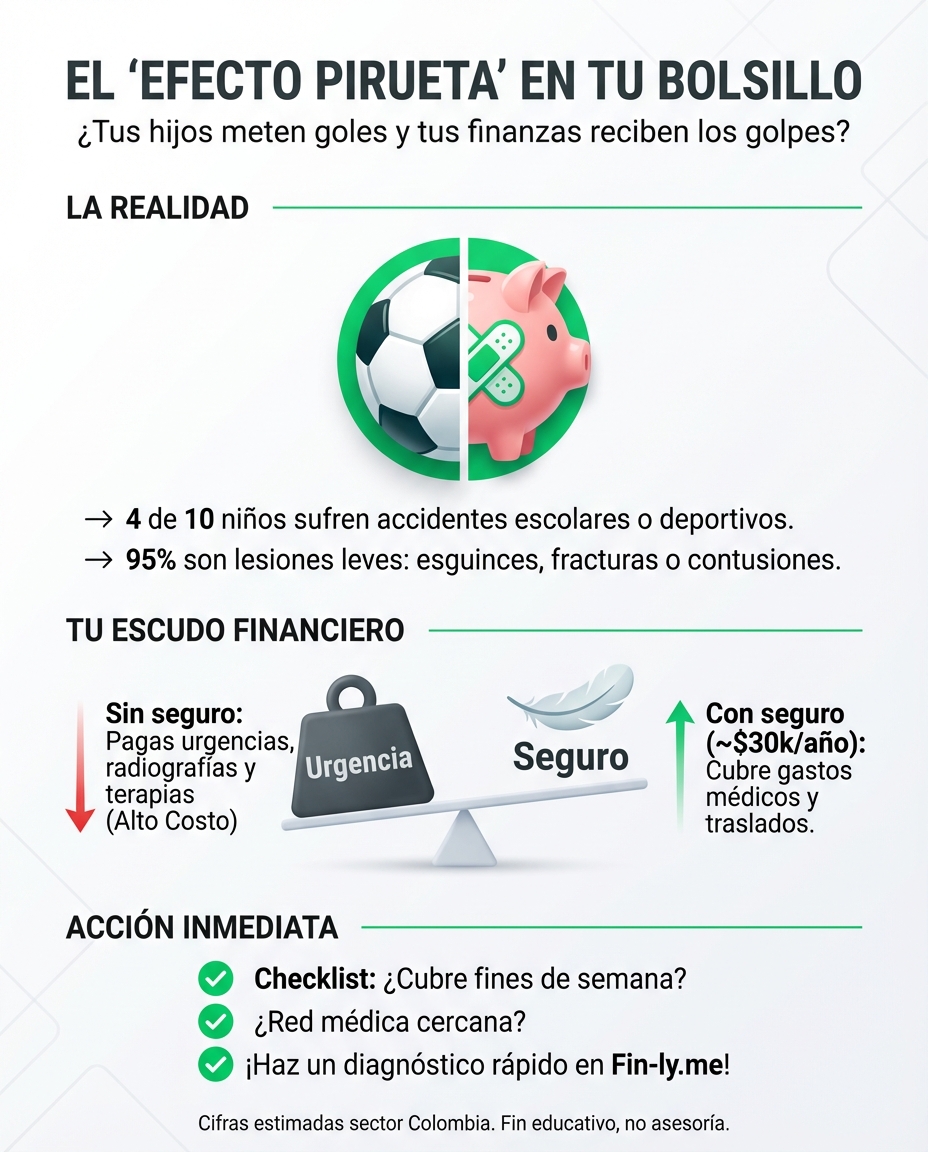 4 de cada 10 niños en Colombia sufren accidentes escolares, y el riesgo crece en clases de danza o fútbol. Para el Adulto Presión, un esguince sin seguro es un hueco inesperado en el presupuesto mensual. ¿Está tu bolsillo protegido contra las piruetas y goles de tus hijos? 🇨🇴💰