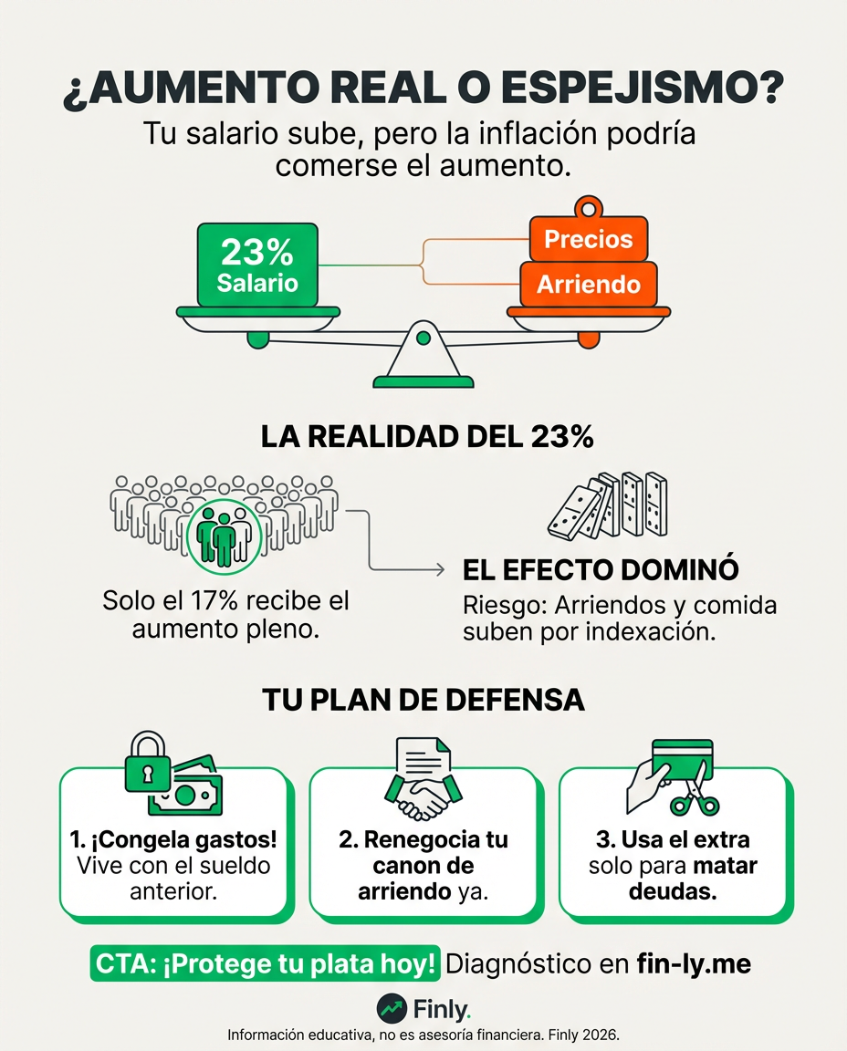 El mínimo subirá 23%, pero podrías no sentirlo si los precios de la calle suben al mismo ritmo. Para el Adulto Presión, esto significa que el alivio en la quincena podría esfumarse en el mercado y los arriendos. ¿Sabes cómo proteger tu bolsillo antes de que la inflación se coma tu aumento? 🇨🇴💰