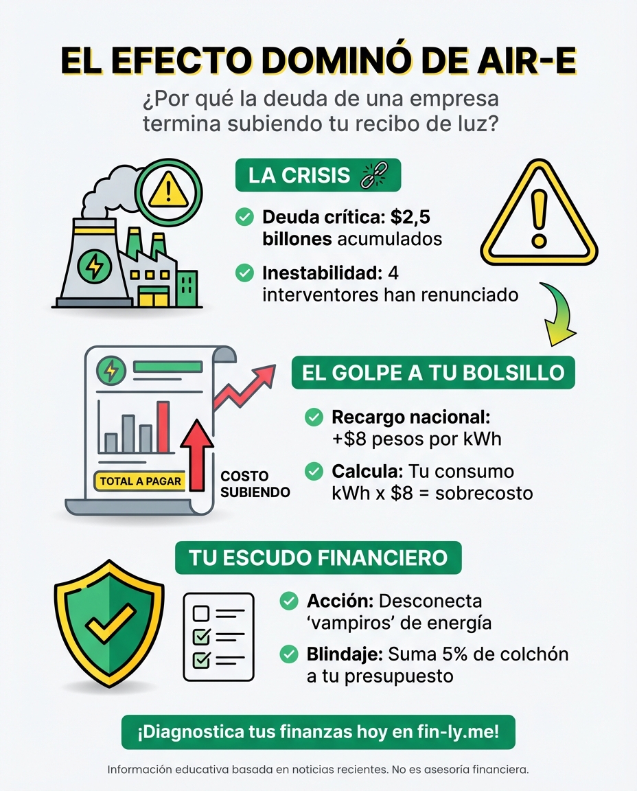 Cuando una empresa no puede pagar sus deudas, el costo termina en tu bolsillo. Así como te pasa cuando un gasto imprevisto descuadra tu mes, el hueco de Air-e lo pagaremos todos con $8 adicionales por kilovatio. ¿Cómo blindar tu presupuesto ante cobros que no puedes controlar? 🇨🇴📉