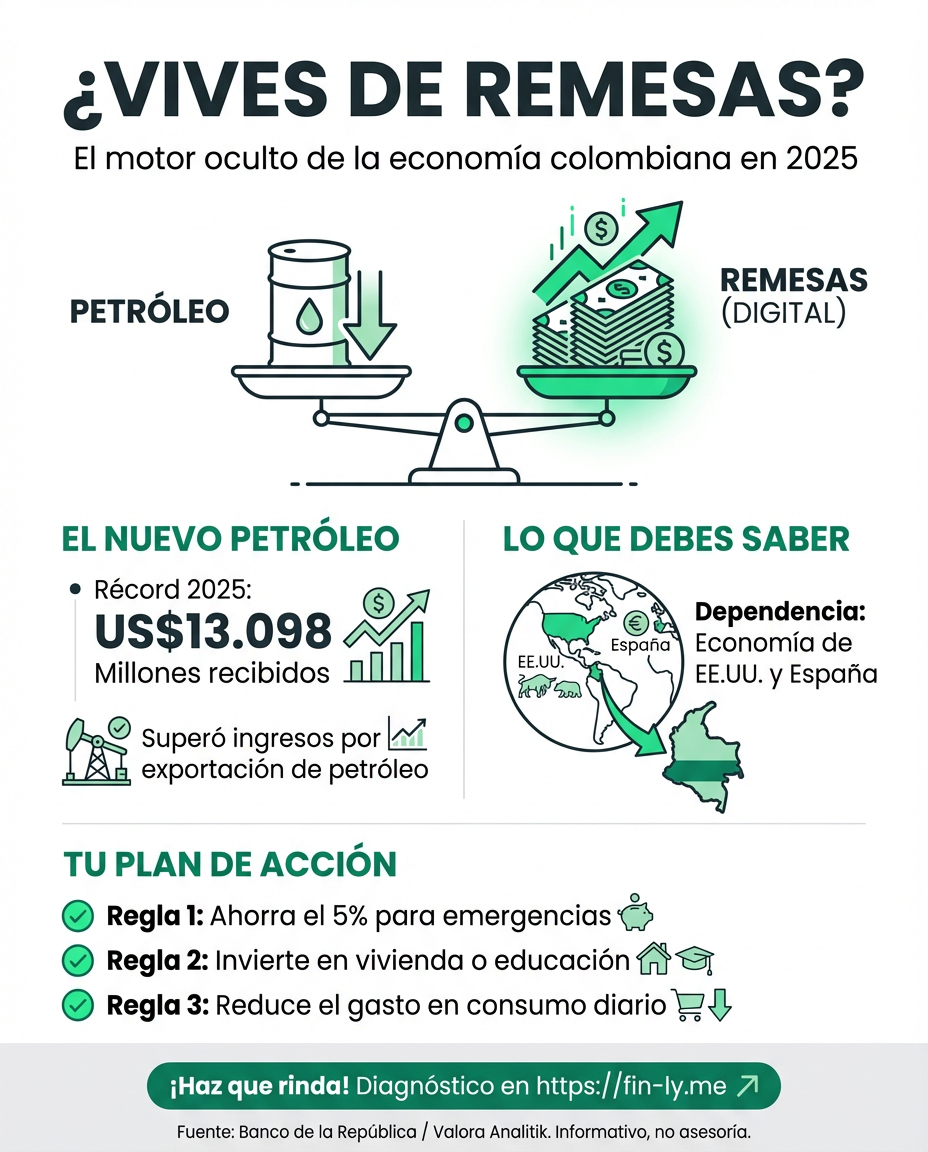 Las remesas ya mueven más dinero que el petróleo, reflejando el esfuerzo de quienes se fueron para sostener a los que se quedaron. Si tu familia depende de estos giros, ¿estás usando ese capital para construir un futuro o solo para apagar incendios del día a día? 💰🇨🇴