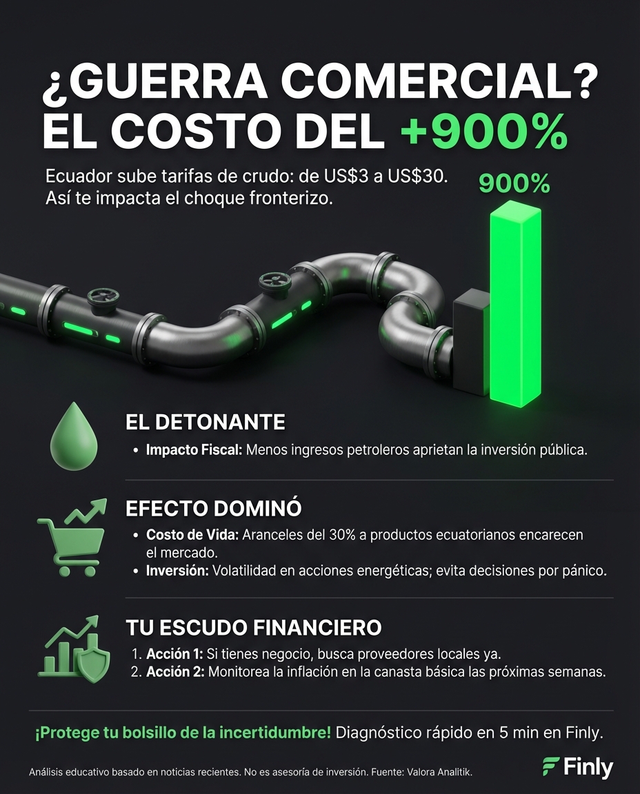 Ecuador subió 900 % el transporte de crudo y la guerra comercial escala. Es como cuando suben el arriendo y el costo de vida al tiempo: tu margen de maniobra desaparece. ¿Está tu bolsillo blindado para el aumento de precios que viene por este choque fronterizo? 🇨🇴📉