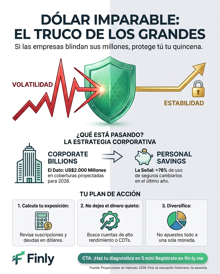 Las empresas están blindando sus dólares ante la incertidumbre, tal como tú deberías proteger tu ahorro cuando el mercado se agita. Si los grandes usan seguros para que el dólar no los quiebre, ¿por qué sigues dejando tu bolsillo al azar? Aprende a dominar la volatilidad antes de que ella domine tu quincena. 🇨🇴💰