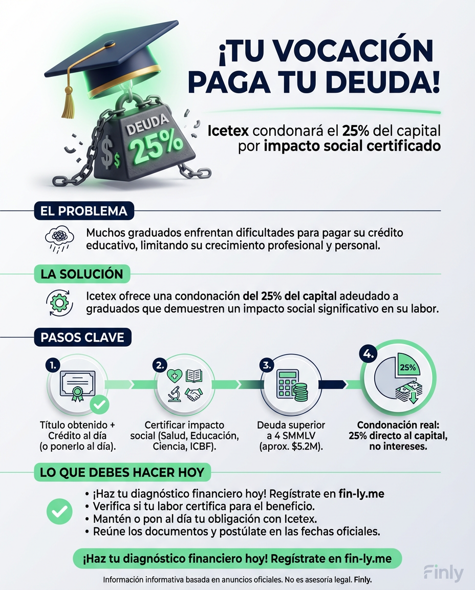 ¿Sientes que tu título profesional pesa más por la deuda que por el orgullo de graduarte? El Icetex premiará tu impacto social borrando hasta el 25% de tu capital si trabajas por la equidad en Colombia. ¿Podría ser tu vocación la clave para liberar tu bolsillo de una vez por todas? 🇨🇴💰